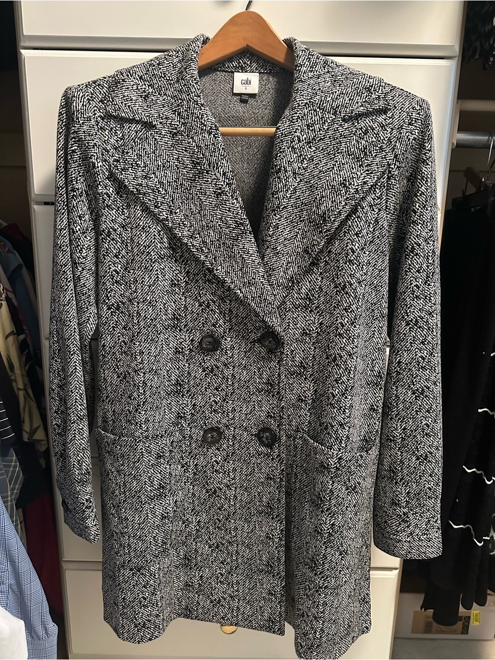 CAbi Black & White Herringbone Double-Breasted Pea Coat